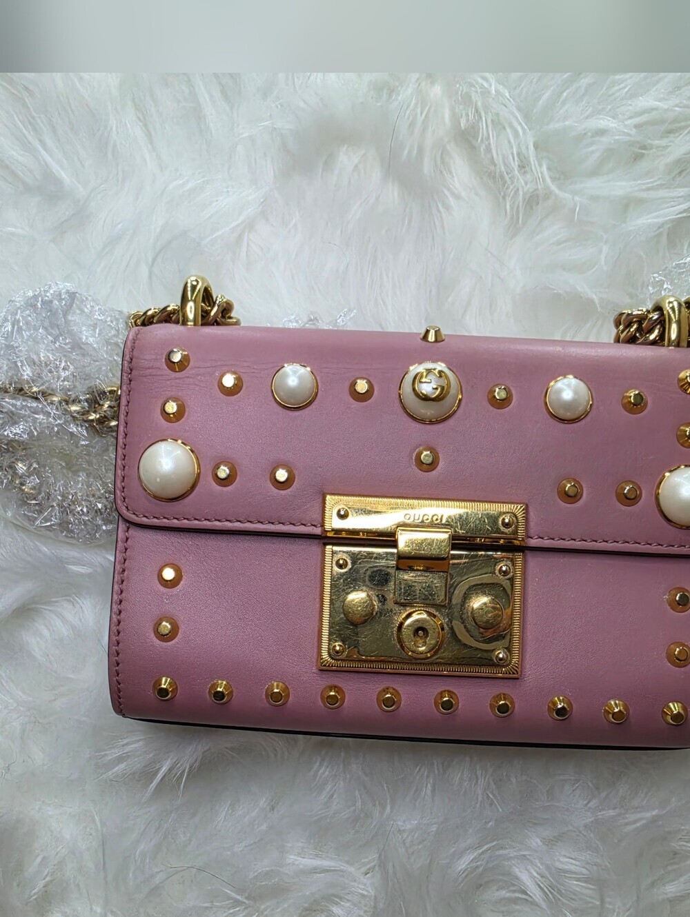 Gucci Pink Leather Shoulder Bag with Gold Hardware & Pearl Studs